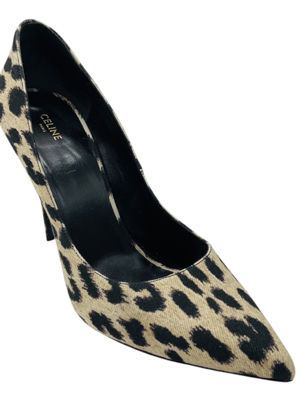 Celine Beige / Black Leopard Print Pointed Toe Canvas Pumps